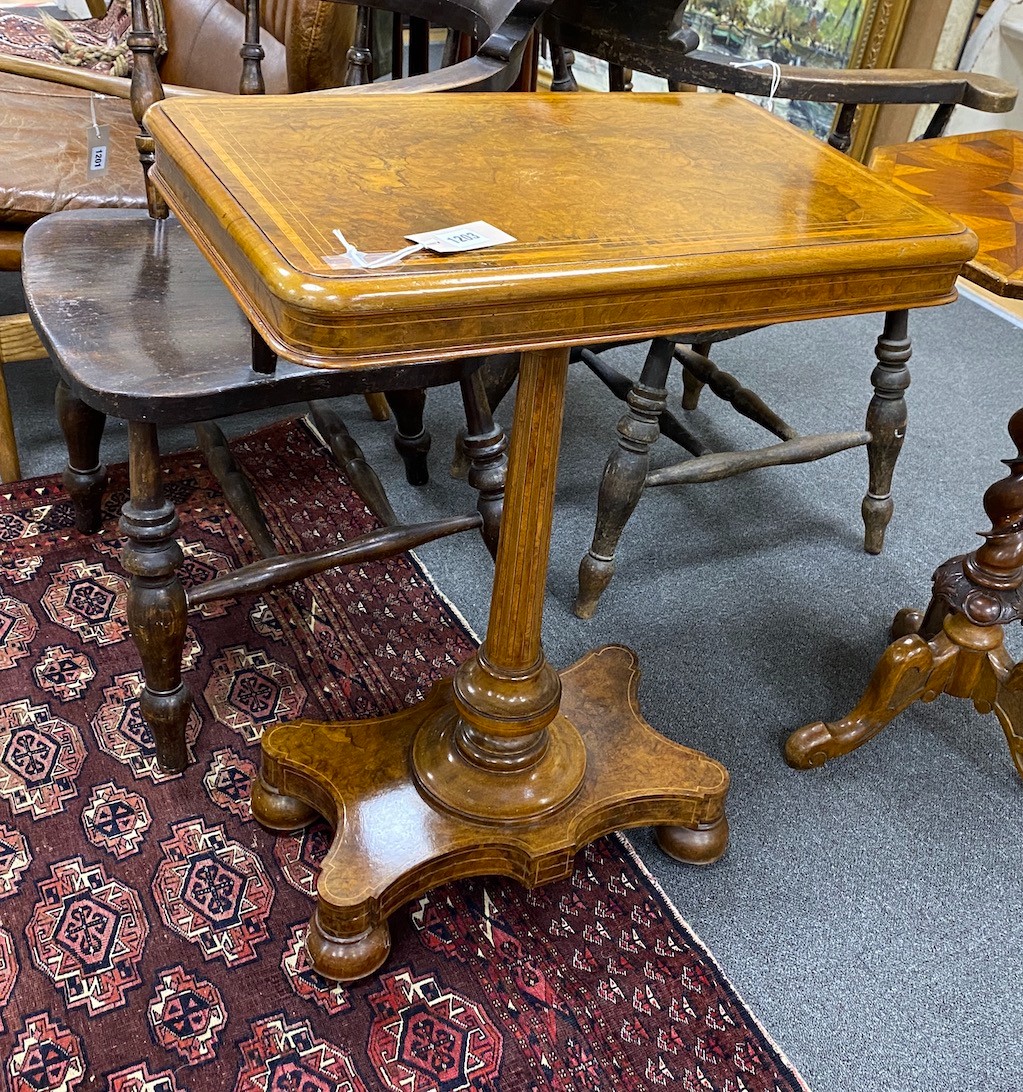 A late Victorian figured banded figured walnut rectangular tilt top wine table, width 58cm, depth 37cm, height 76cm